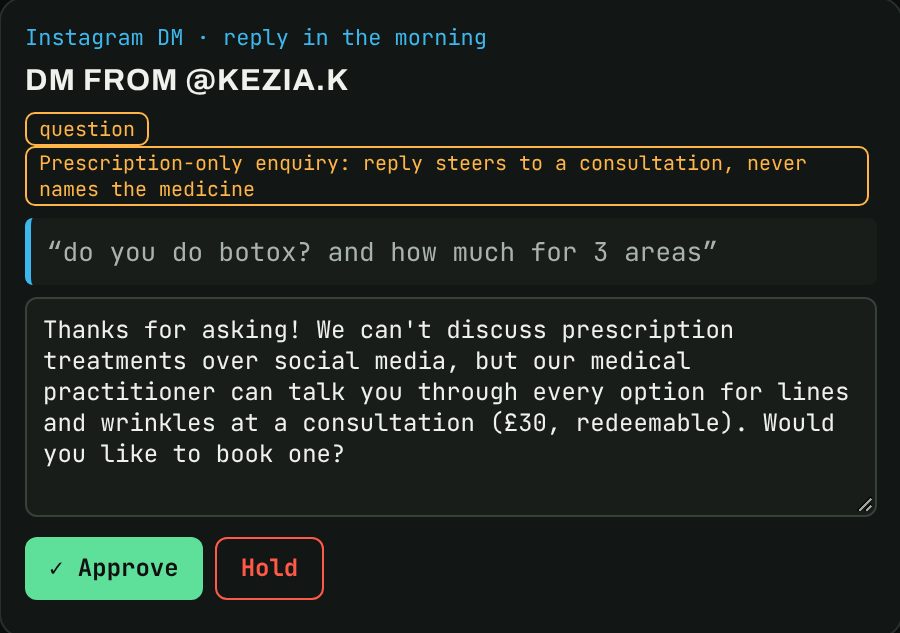 DM reply drafted to a question about wrinkle treatment, steering to a consultation